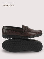 Men Brown Horsebit Buckle Moc Toe Textured Slip On Party Loafers | Cushioned Comfort Insole for All Day Long | Slip Resistant EVA Sole Shoe for Wedding, Event, Semi Formal Outfits