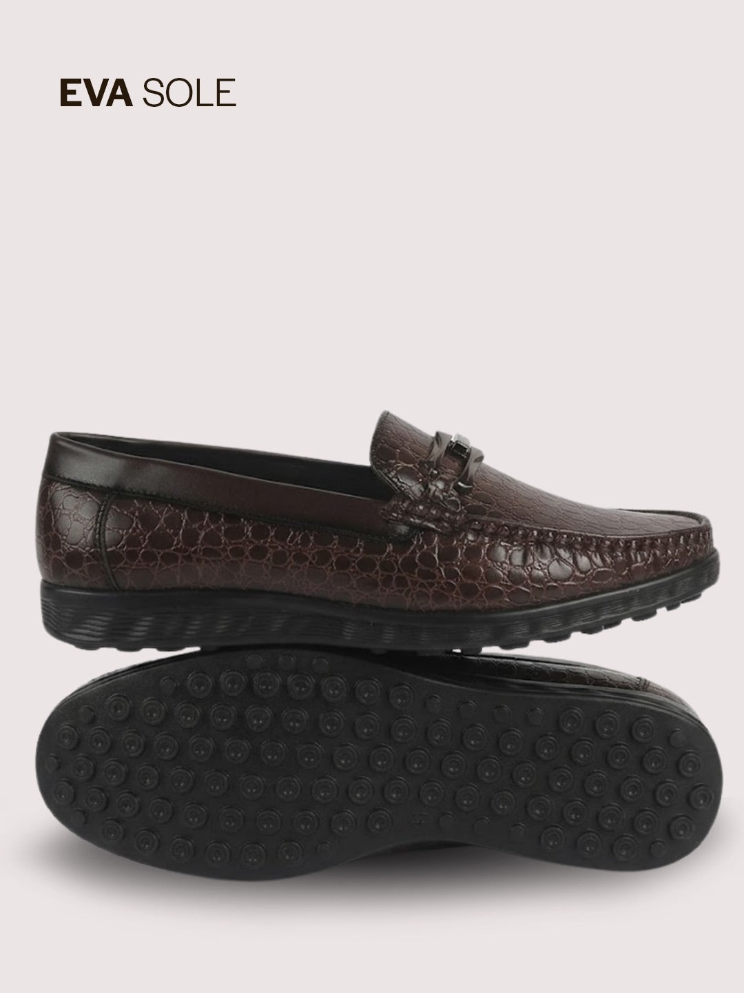 Men Brown Horsebit Buckle Moc Toe Textured Slip On Party Loafers | Cushioned Comfort Insole for All Day Long | Slip Resistant EVA Sole Shoe for Wedding, Event, Semi Formal Outfits