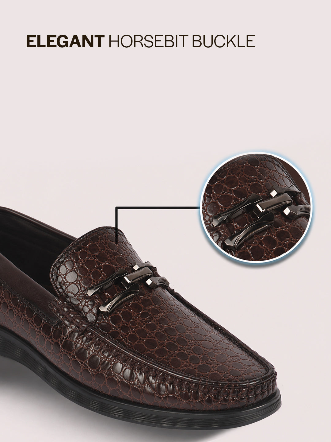 Men Brown Horsebit Buckle Moc Toe Textured Slip On Party Loafers | Cushioned Comfort Insole for All Day Long | Slip Resistant EVA Sole Shoe for Wedding, Event, Semi Formal Outfits