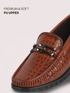 Men Tan Horsebit Buckle Moc Toe Textured Slip On Party Loafers | Cushioned Comfort Insole for All Day Long | Slip Resistant EVA Sole Shoe for Wedding, Event, Semi Formal Outfits
