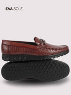 Men Tan Horsebit Buckle Moc Toe Textured Slip On Party Loafers | Cushioned Comfort Insole for All Day Long | Slip Resistant EVA Sole Shoe for Wedding, Event, Semi Formal Outfits