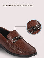 Men Tan Horsebit Buckle Moc Toe Textured Slip On Party Loafers | Cushioned Comfort Insole for All Day Long | Slip Resistant EVA Sole Shoe for Wedding, Event, Semi Formal Outfits