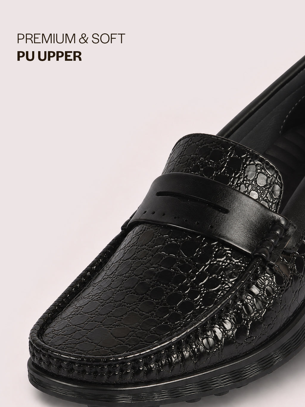 Men Black Moc Toe Textured Upper Slip On Loafers for Party Outfits | Soft Inner Lining Comfort Shoe for Wedding, Event, Formal Outfits | Anti Skid Sole