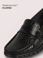 Men Black Moc Toe Textured Upper Slip On Loafers for Party Outfits | Soft Inner Lining Comfort Shoe for Wedding, Event, Formal Outfits | Anti Skid Sole