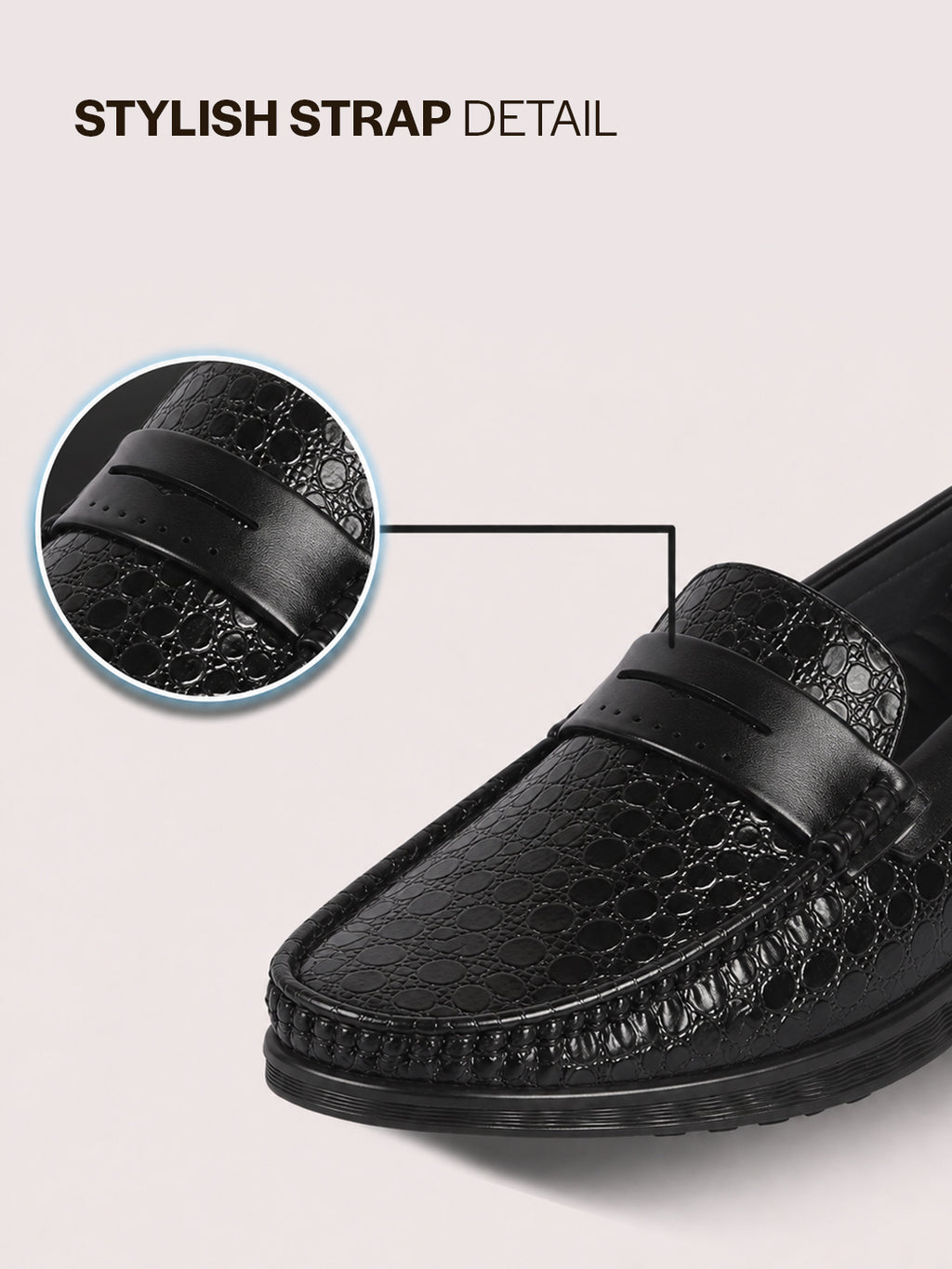 Men Black Moc Toe Textured Upper Slip On Loafers for Party Outfits | Soft Inner Lining Comfort Shoe for Wedding, Event, Formal Outfits | Anti Skid Sole