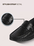 Men Black Moc Toe Textured Upper Slip On Loafers for Party Outfits | Soft Inner Lining Comfort Shoe for Wedding, Event, Formal Outfits | Anti Skid Sole