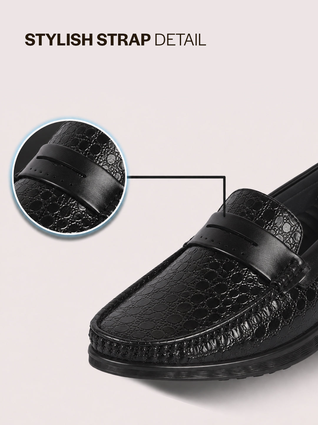 Men Black Moc Toe Textured Upper Slip On Loafers for Party Outfits | Soft Inner Lining Comfort Shoe for Wedding, Event, Formal Outfits | Anti Skid Sole