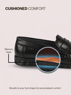 Men Black Moc Toe Textured Upper Slip On Loafers for Party Outfits | Soft Inner Lining Comfort Shoe for Wedding, Event, Formal Outfits | Anti Skid Sole