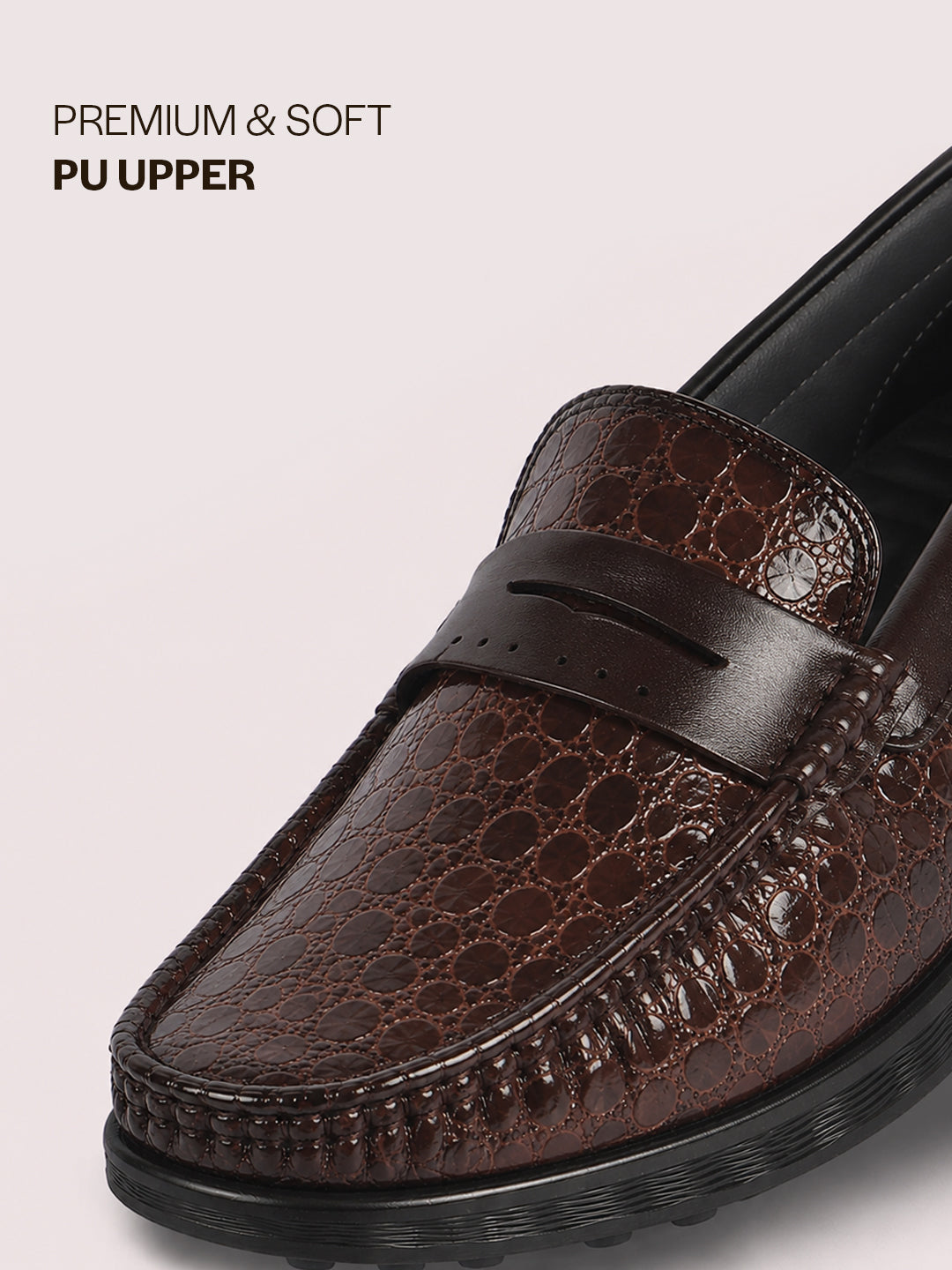 Men Brown Moc Toe Textured Upper Slip On Loafers for Party Outfits | Soft Inner Lining Comfort Shoe for Wedding, Event, Formal Outfits | Anti Skid Sole