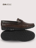 Men Brown Moc Toe Textured Upper Slip On Loafers for Party Outfits | Soft Inner Lining Comfort Shoe for Wedding, Event, Formal Outfits | Anti Skid Sole