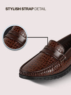 Men Brown Moc Toe Textured Upper Slip On Loafers for Party Outfits | Soft Inner Lining Comfort Shoe for Wedding, Event, Formal Outfits | Anti Skid Sole