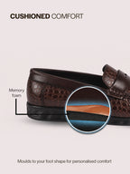 Men Brown Moc Toe Textured Upper Slip On Loafers for Party Outfits | Soft Inner Lining Comfort Shoe for Wedding, Event, Formal Outfits | Anti Skid Sole