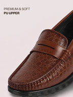 Men Tan Moc Toe Textured Upper Slip On Loafers for Party Outfits | Soft Inner Lining Comfort Shoe for Wedding, Event, Formal Outfits | Anti Skid Sole