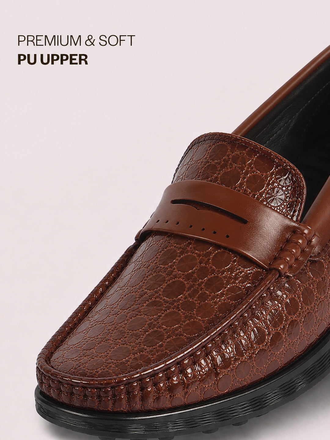 Men Tan Moc Toe Textured Upper Slip On Loafers for Party Outfits | Soft Inner Lining Comfort Shoe for Wedding, Event, Formal Outfits | Anti Skid Sole