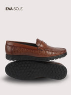 Men Tan Moc Toe Textured Upper Slip On Loafers for Party Outfits | Soft Inner Lining Comfort Shoe for Wedding, Event, Formal Outfits | Anti Skid Sole