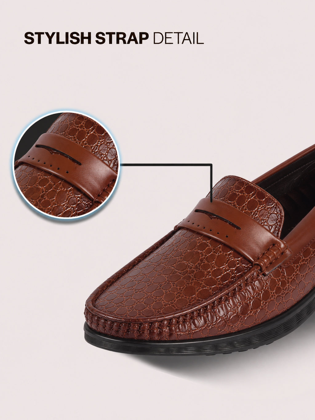 Men Tan Moc Toe Textured Upper Slip On Loafers for Party Outfits | Soft Inner Lining Comfort Shoe for Wedding, Event, Formal Outfits | Anti Skid Sole