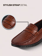 Men Tan Moc Toe Textured Upper Slip On Loafers for Party Outfits | Soft Inner Lining Comfort Shoe for Wedding, Event, Formal Outfits | Anti Skid Sole