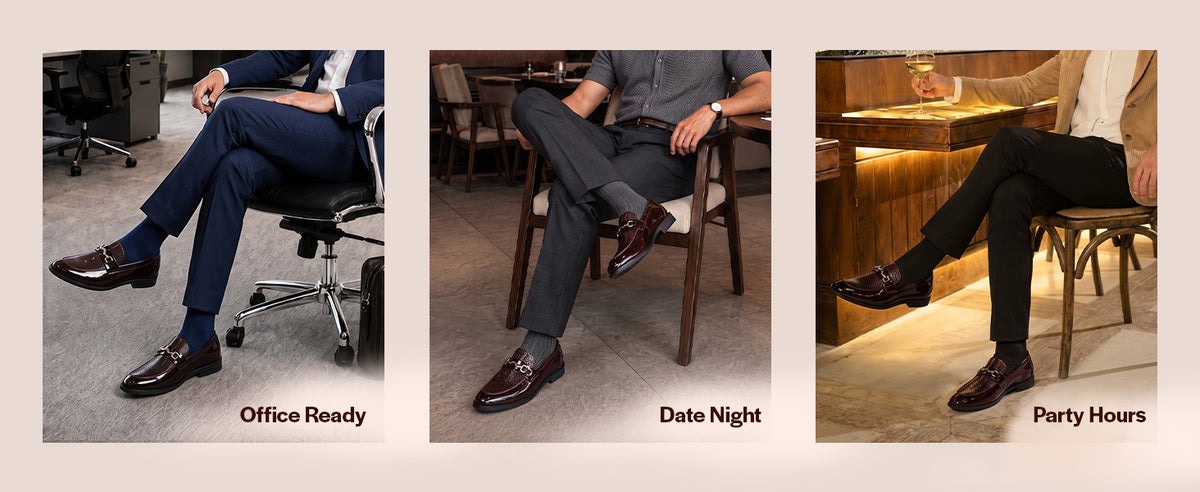 Men Brown Patent Leather Party Textured Buckle Strap Slip On Penny Loafer | Lightweight Cushioned Comfort Insole | Tuxedo Shoe with Anti Skid TPR Welted Sole for Office, Meeting, Events
