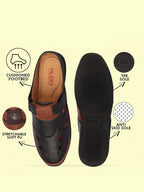 men black back open laser cut design slip on sandal with ankle strap