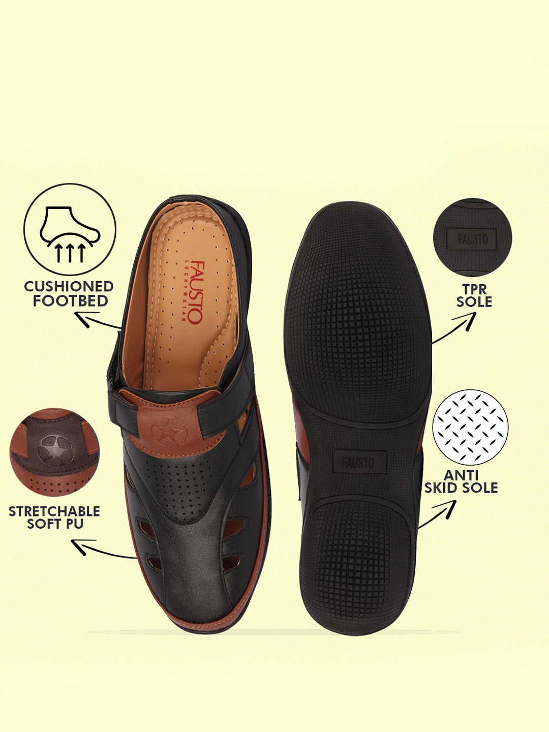 men black back open laser cut design slip on sandal with ankle strap