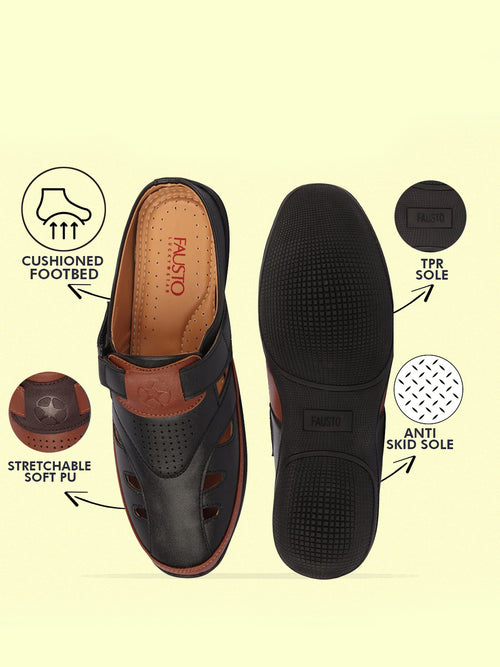 men black back open laser cut design slip on sandal with ankle strap