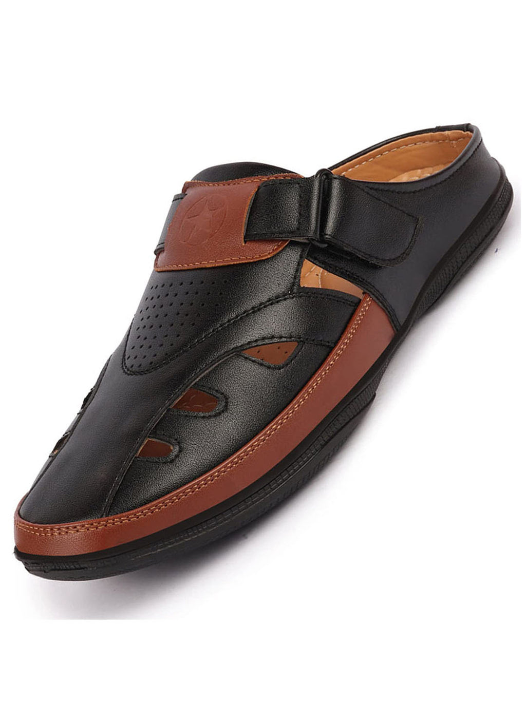 men black back open laser cut design slip on sandal with ankle strap
