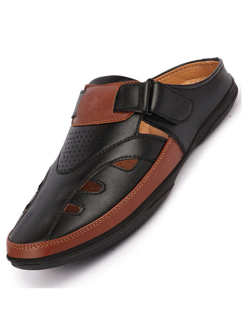 men black back open laser cut design slip on sandal with ankle strap