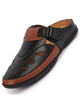 Men Black Back Open Laser Cut Design Slip On Sandal with Ankle Strap