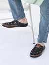 men black back open laser cut design slip on sandal with ankle strap