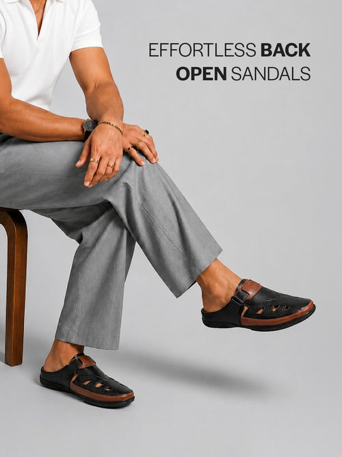men black back open laser cut design slip on sandal with ankle strap