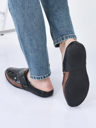 men black back open laser cut design slip on sandal with ankle strap
