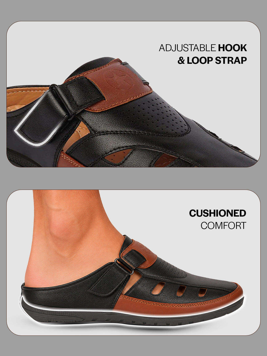 men black back open laser cut design slip on sandal with ankle strap