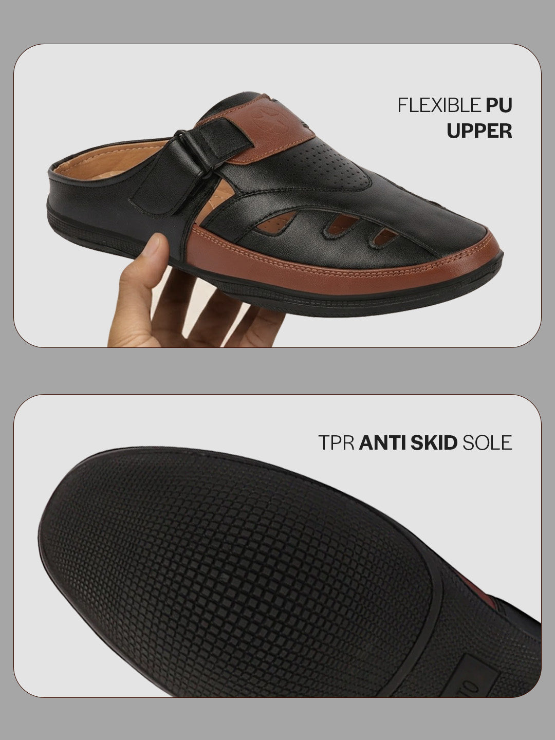 men black back open laser cut design slip on sandal with ankle strap