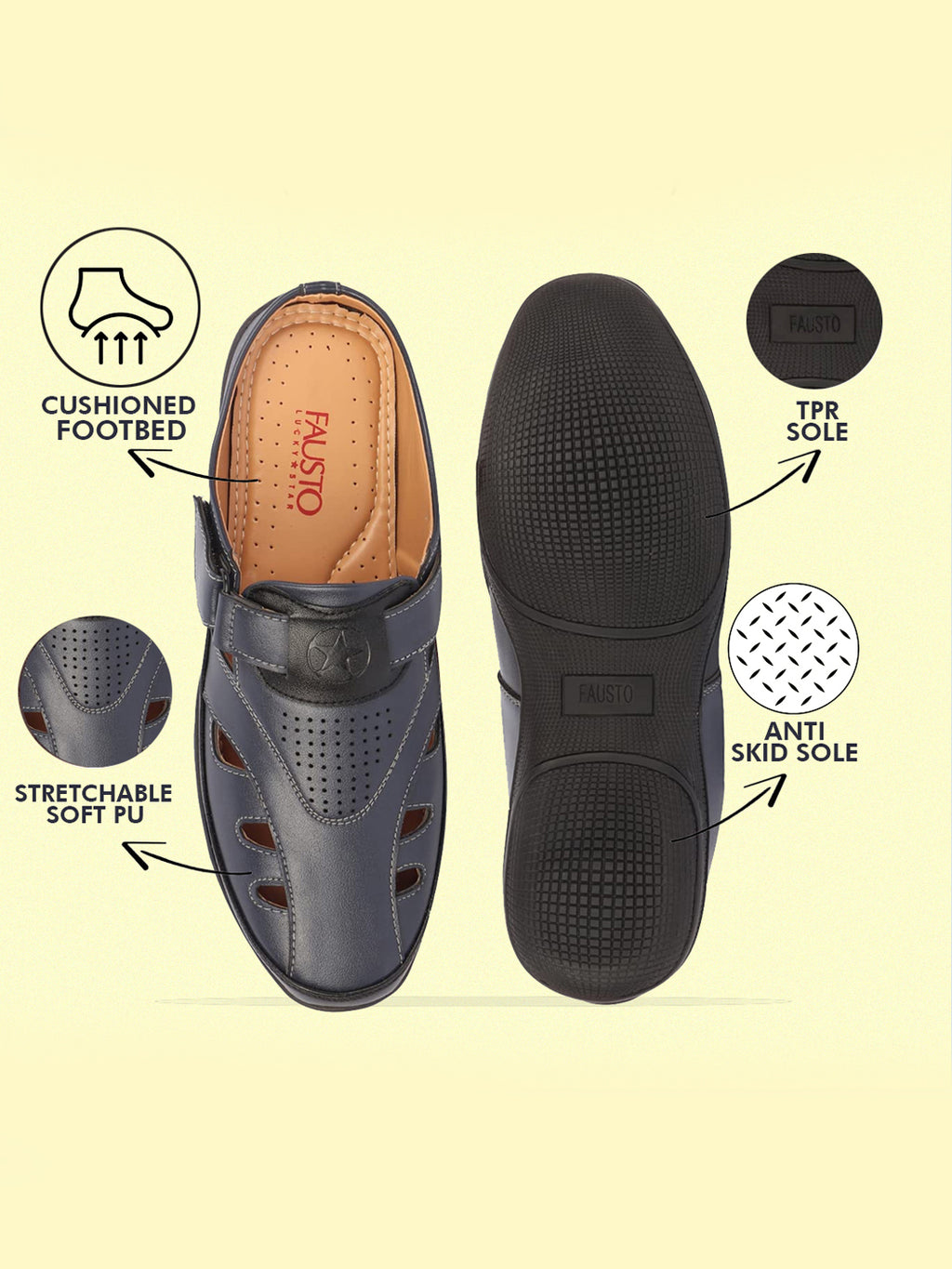 men blue back open laser cut design slip on sandal with ankle strap