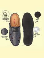 men blue back open laser cut design slip on sandal with ankle strap