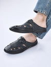 men blue back open laser cut design slip on sandal with ankle strap