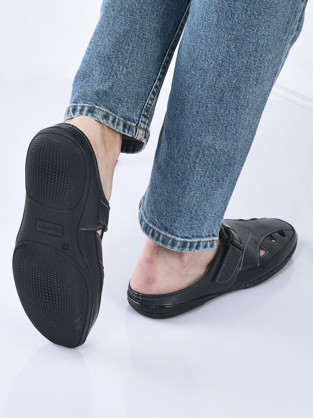 men blue back open laser cut design slip on sandal with ankle strap
