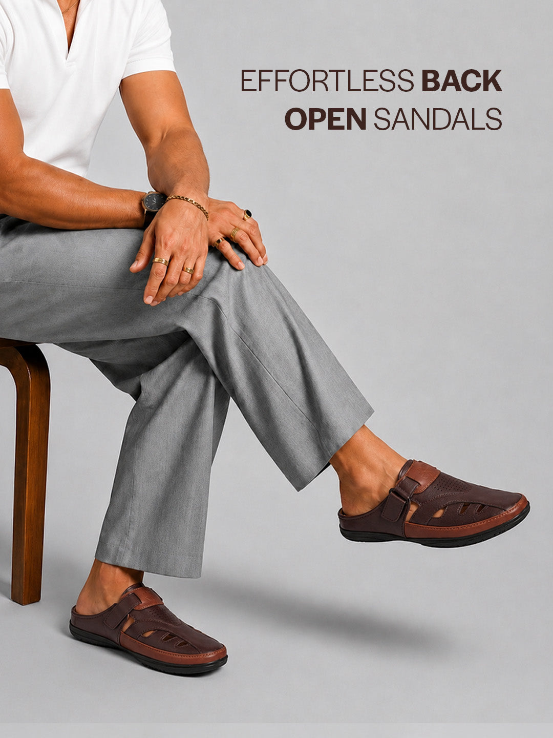 men brown back open laser cut design slip on sandal with ankle strap