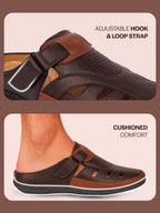 men brown back open laser cut design slip on sandal with ankle strap