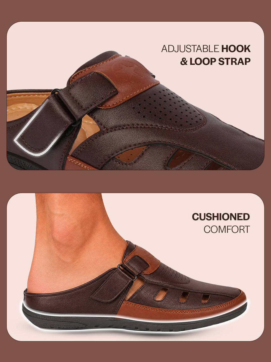men brown back open laser cut design slip on sandal with ankle strap