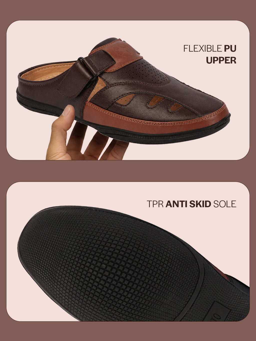 men brown back open laser cut design slip on sandal with ankle strap
