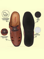 men tan back open laser cut design slip on sandal with ankle strap
