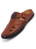 Men Tan Back Open Laser Cut Design Slip On Sandal with Ankle Strap