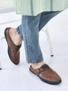 men tan back open laser cut design slip on sandal with ankle strap