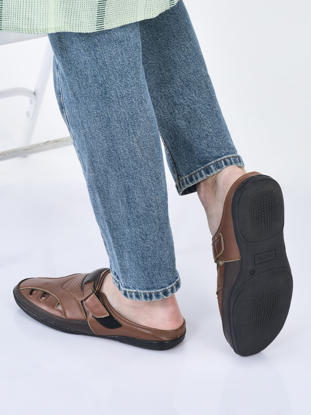 men tan back open laser cut design slip on sandal with ankle strap