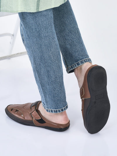 men tan back open laser cut design slip on sandal with ankle strap