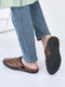 men tan back open laser cut design slip on sandal with ankle strap