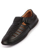 Men Black Laser Cut and Stitched Design Roman Sandal with Buckle Strap