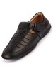 Men Black Laser Cut and Stitched Design Roman Sandal with Buckle Strap