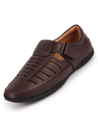 Men Brown Laser Cut and Stitched Design Roman Sandal with Buckle Strap